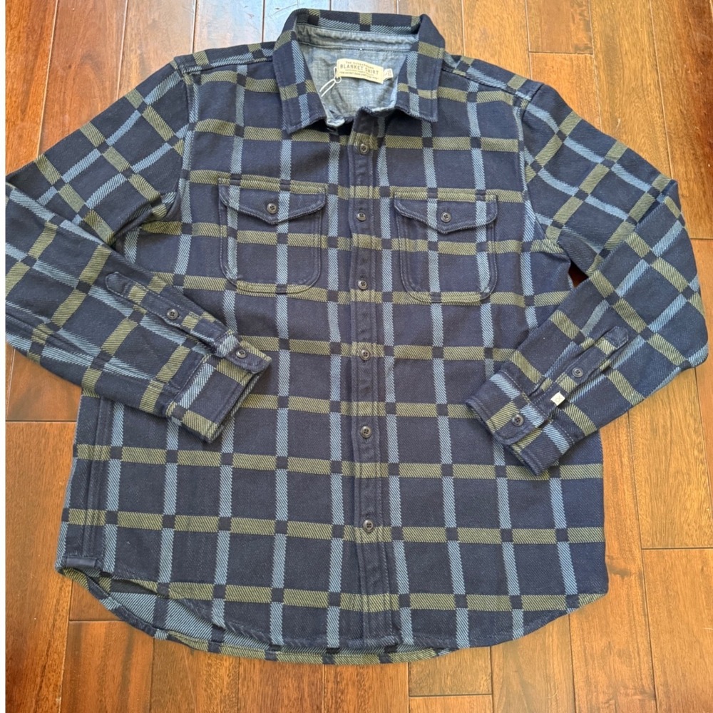 Outerknown Blanket Shirt L Blue Green Plaid Organic Cotton Flannel Button Up